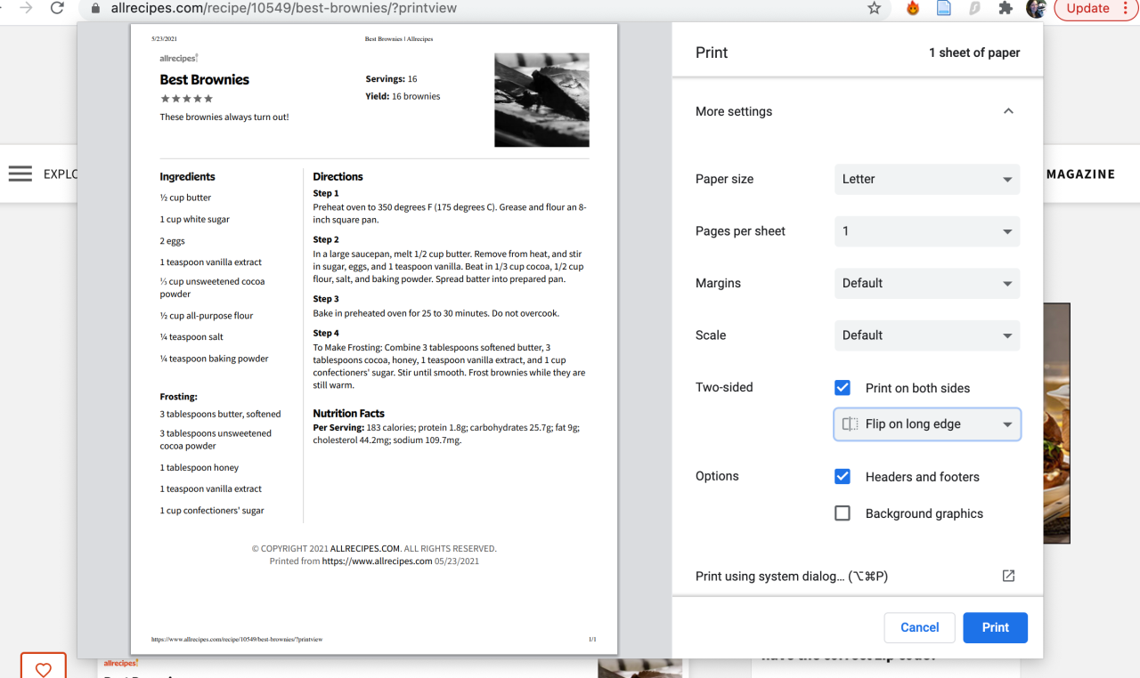 The print menu open on a Google Chrome window, ready to print a brownie recipe