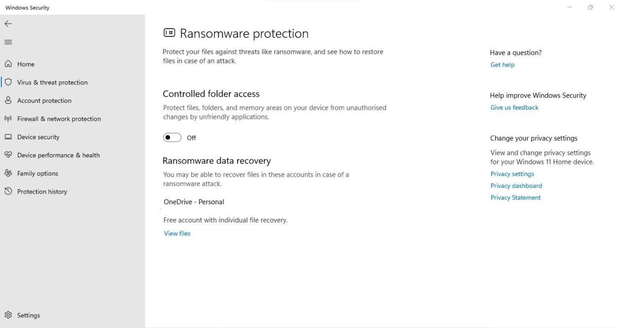 Disabling Ransomware Protection by Turning Off the Toggle under Controlled Folder Access in Windows Security App on Windows