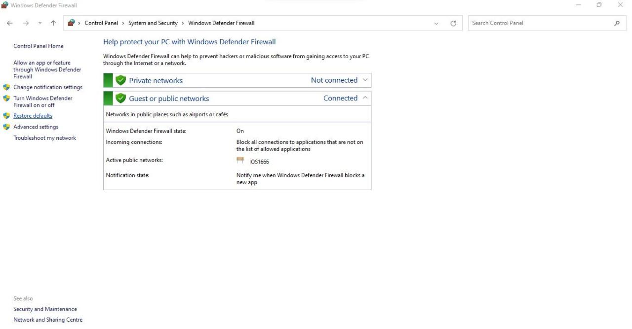 Opening Restore Defaults Option in Windows Defender Firewall Tab in System and Security Settings in Control Panel App on Windows