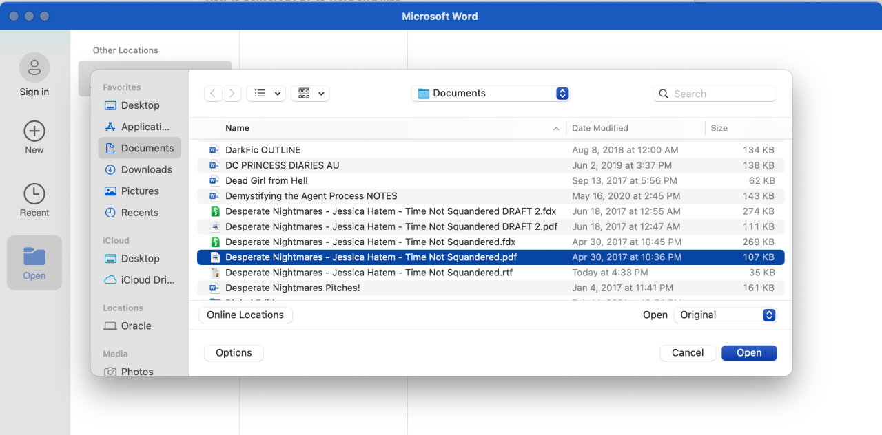 The Open menu in Microsoft Word for Mac. A PDF file is highlighted