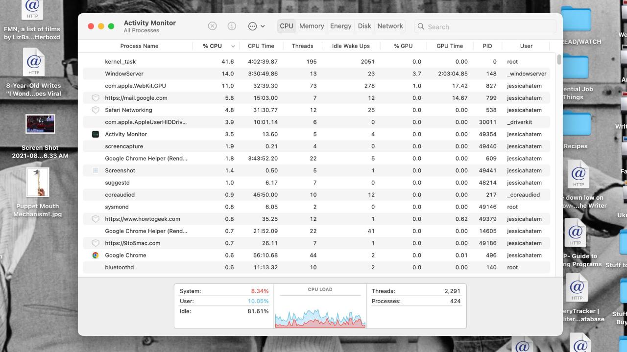 Activity Monitor open on a MacBook Pro with PU column used for sorting