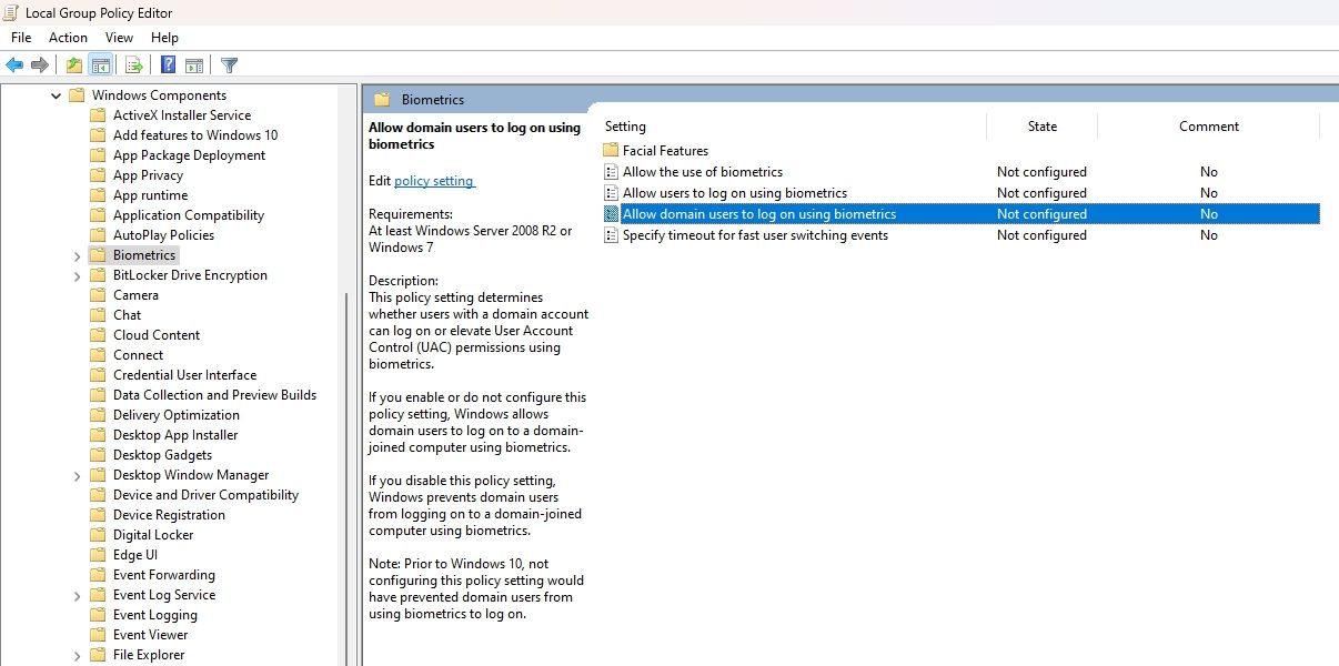 Allow domain users to log on using biometrics policy in the Local Group Policy Editor