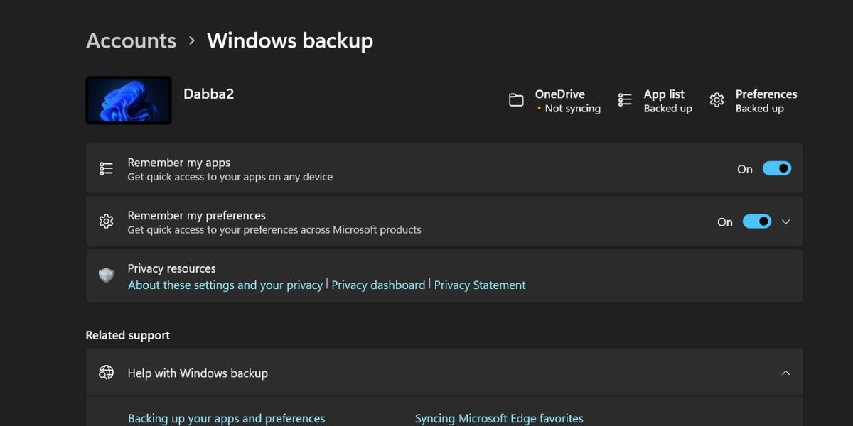 Backup Apps and Preferences to Microsoft Account