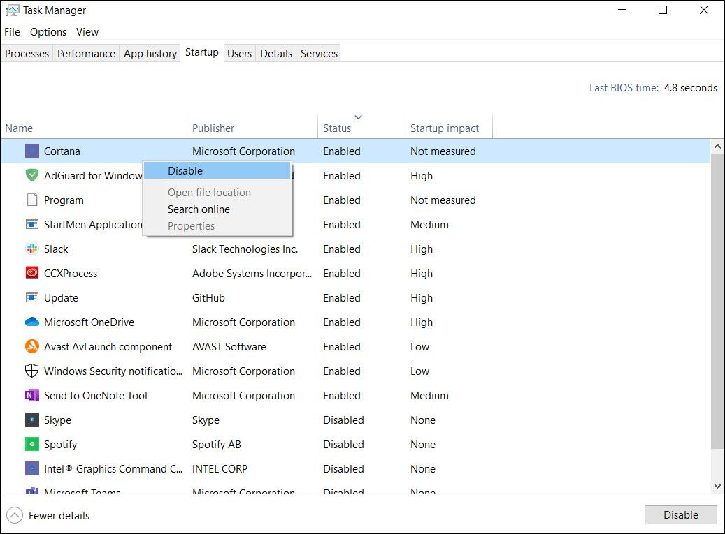 Disable service in Task Manager