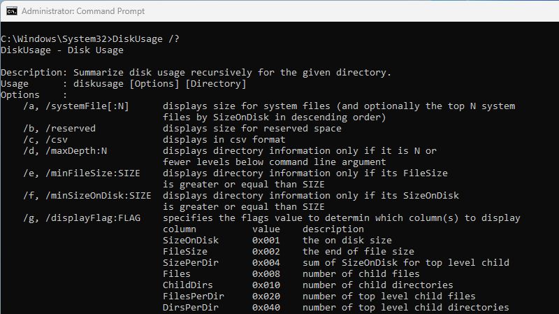 A list of DiskUsage options in command prompt