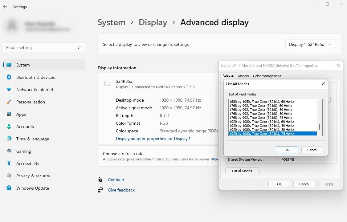 changing the display mode