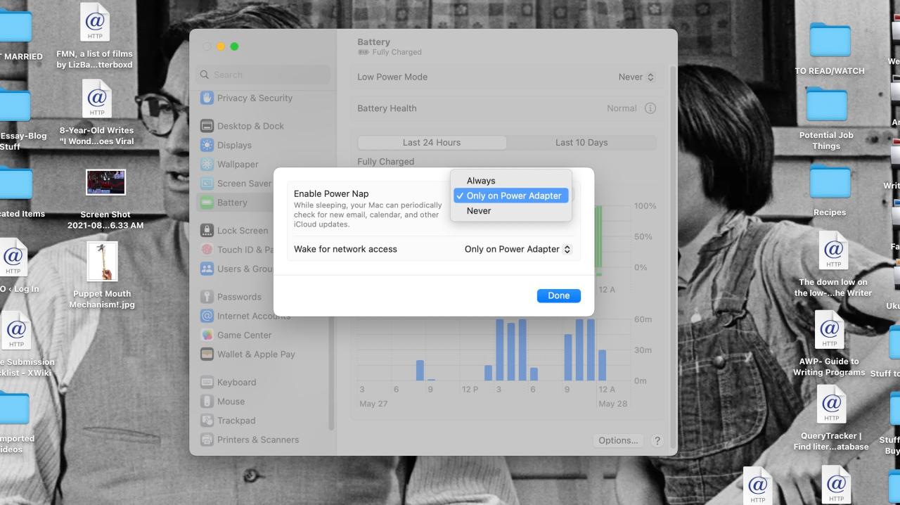 Enable Power Nap dropdown menu open in MacBook System Settings