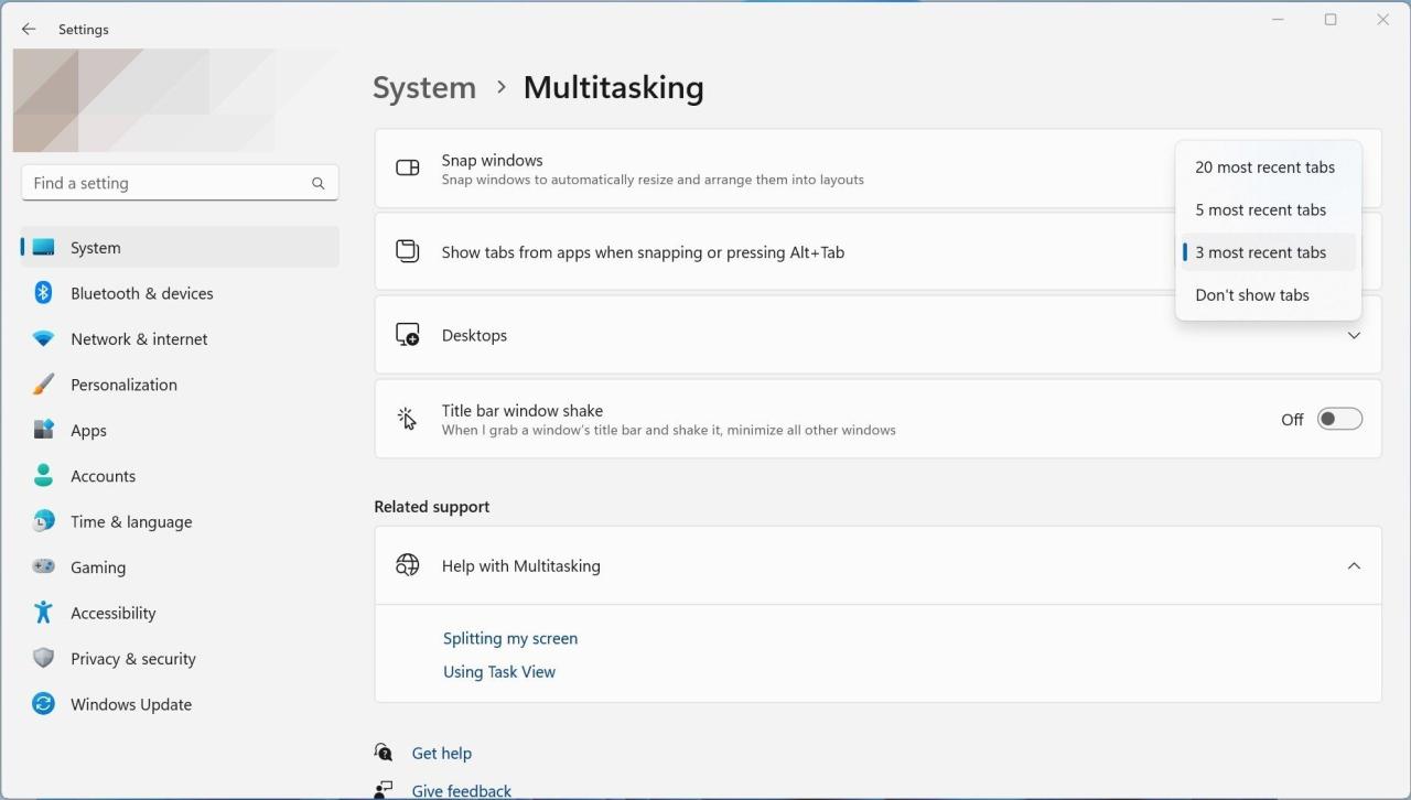 Screenshot showing new tab limitation in Multitasking settings