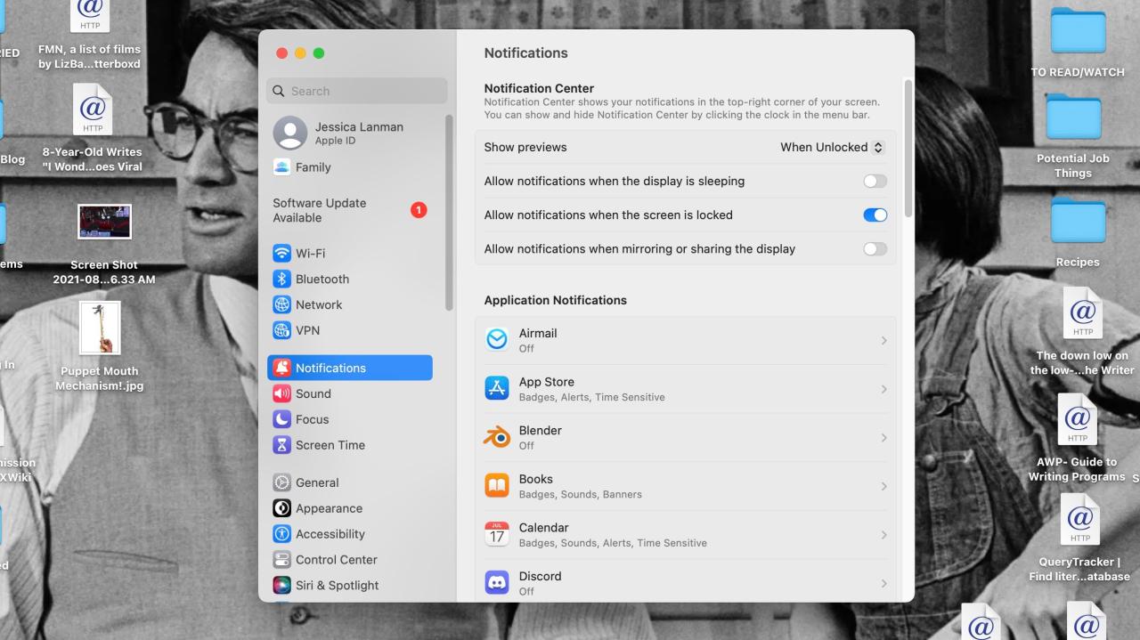 Notifications menu open in Mac System Settings