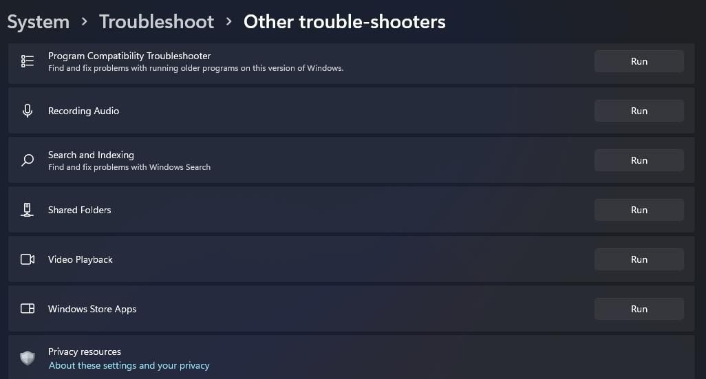 The troubleshooter list in Settings