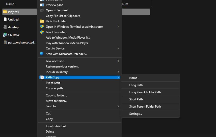 The Path Copy submenu 