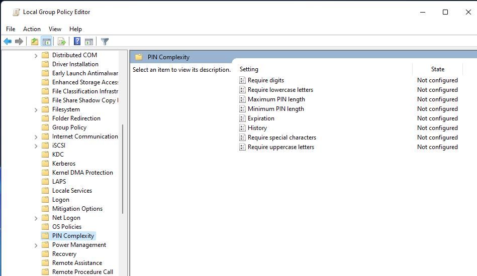 The PIN Complexity policy settings