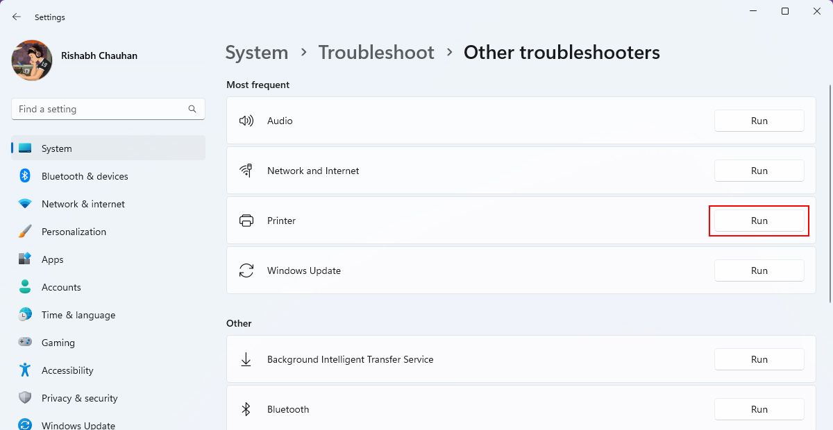 Printer Troubleshooter Option