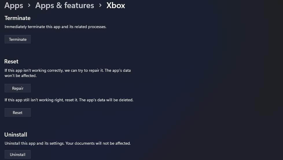 The Reset button for the Xbox app 