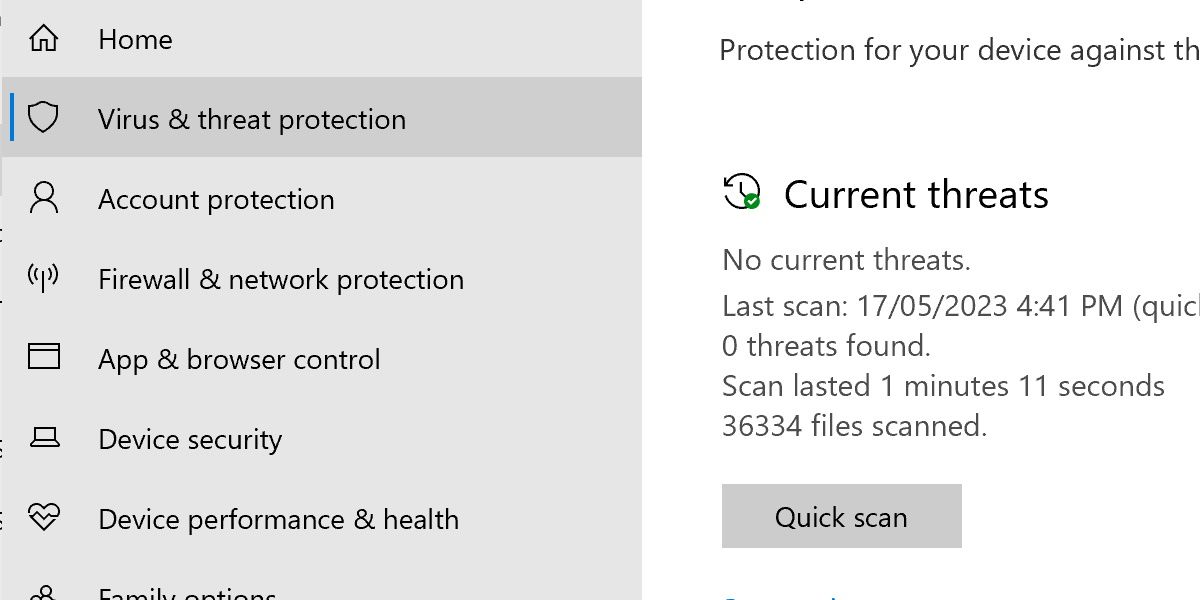 screenshot of the windows security menu