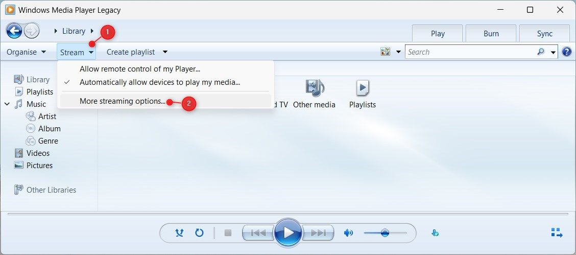 Streaming options in Windows Media Player