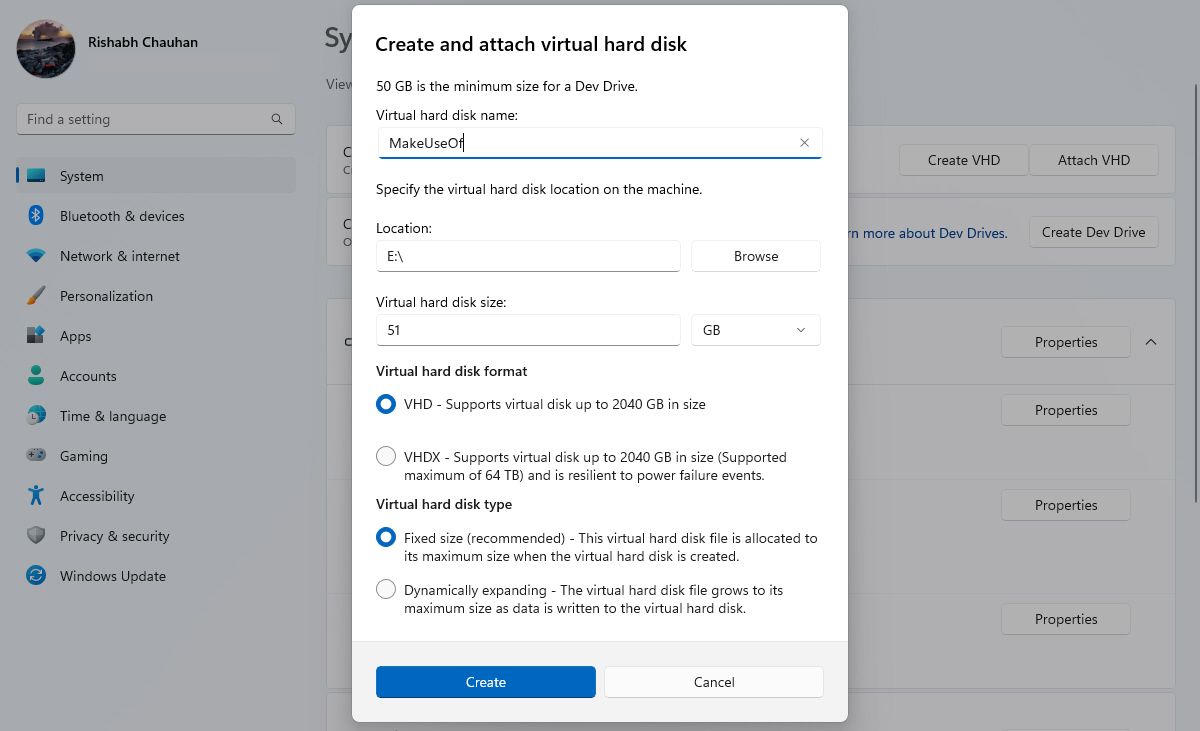 Dev Drive Virtual Hard Disk Options