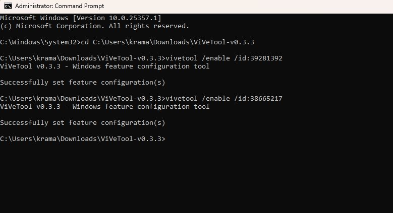 Vivetool command in CMD