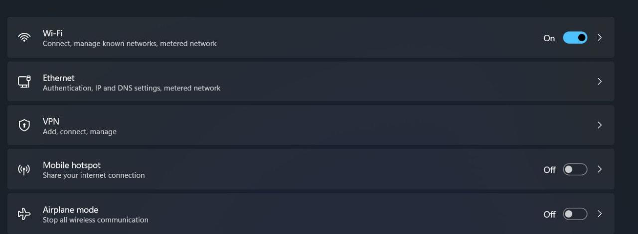 VPN settings in Windows