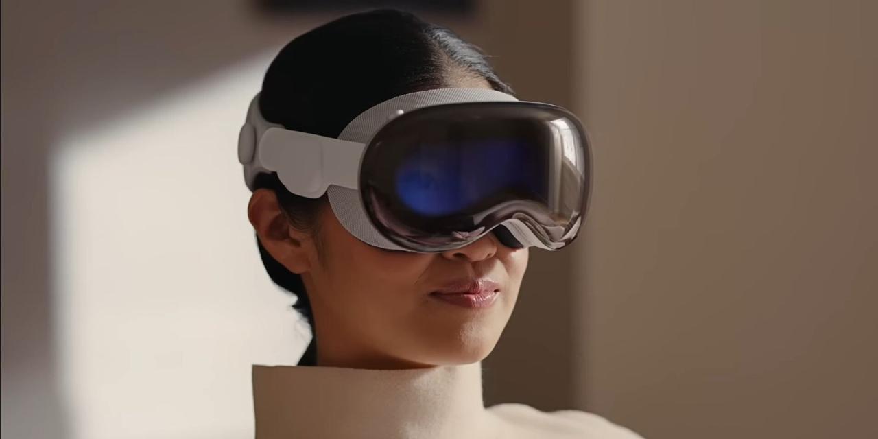 Woman using augmented reality apps in Apple Vision Pro headset