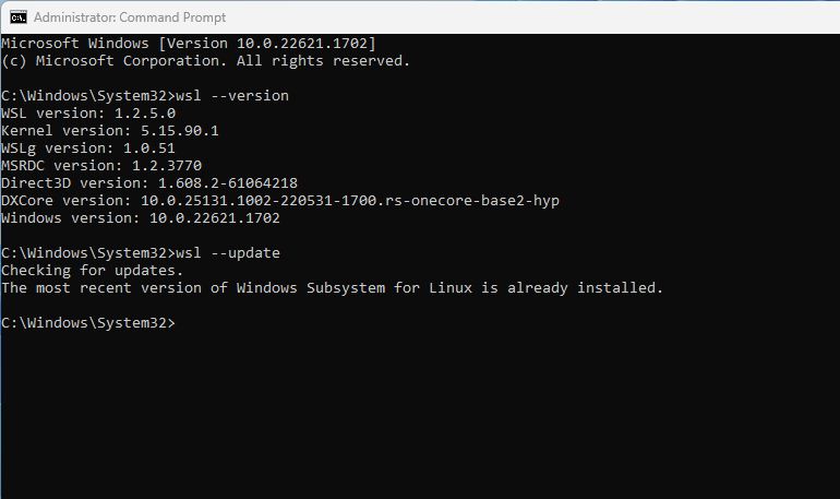 updating WSL in command prompt