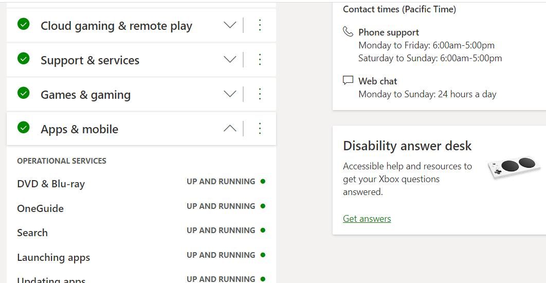 The Xbox server status page